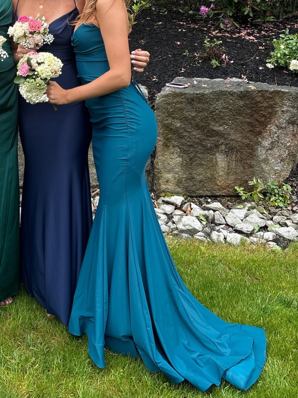 La Femme strapless, teal, mermaid prom dress